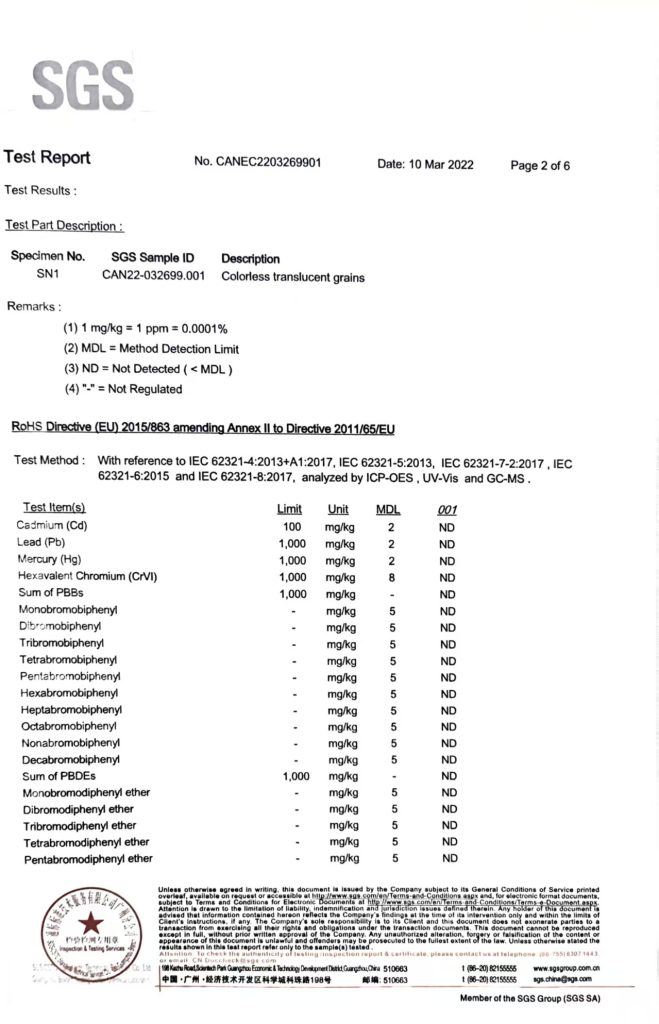 RoHS-Konformitätsbescheinigung für technische Kunststoffe