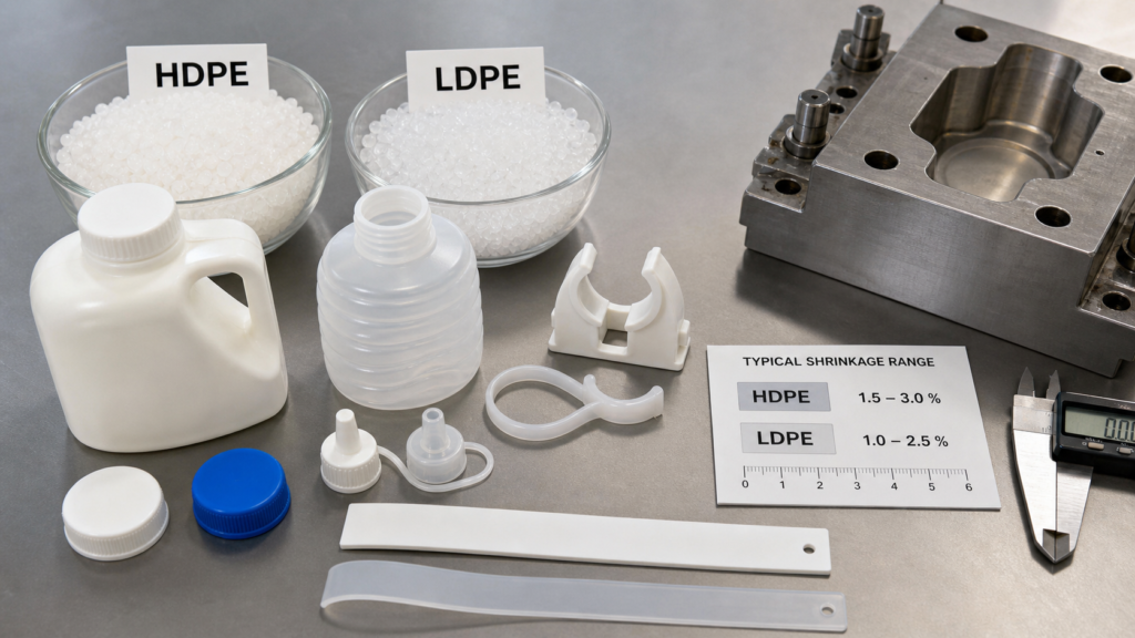 HDPE và LDPE – hạt nhựa, chi tiết đúc phun polyethylene, khuôn chèn, thẻ đo độ co ngót và thước kẹp