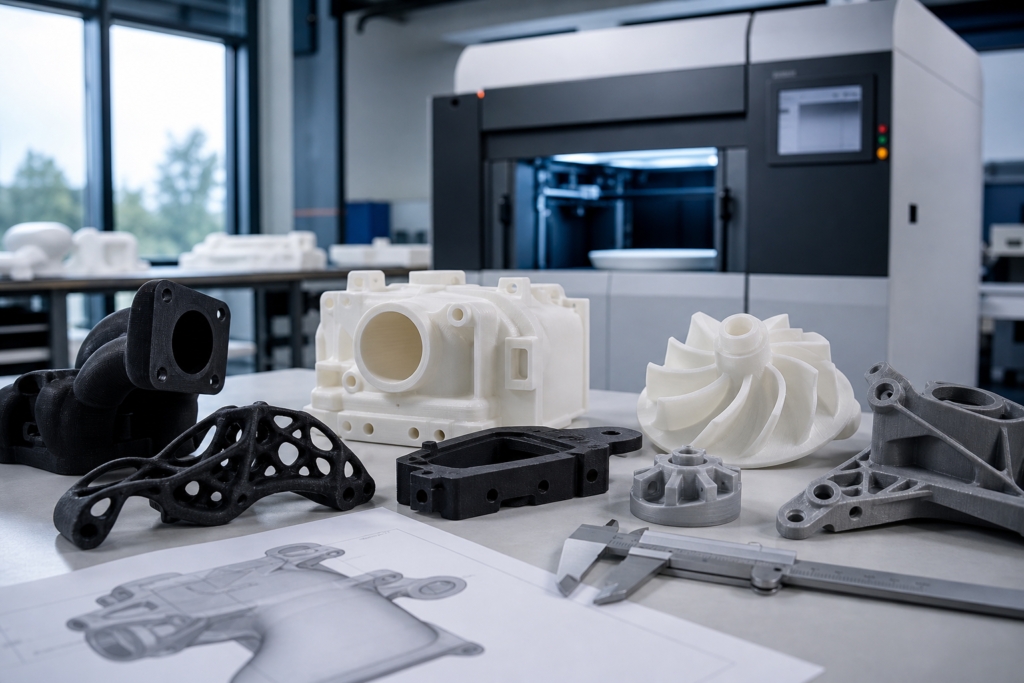 Nylon 3D printing service parts with powder bed printer and functional prototypes on a workbench