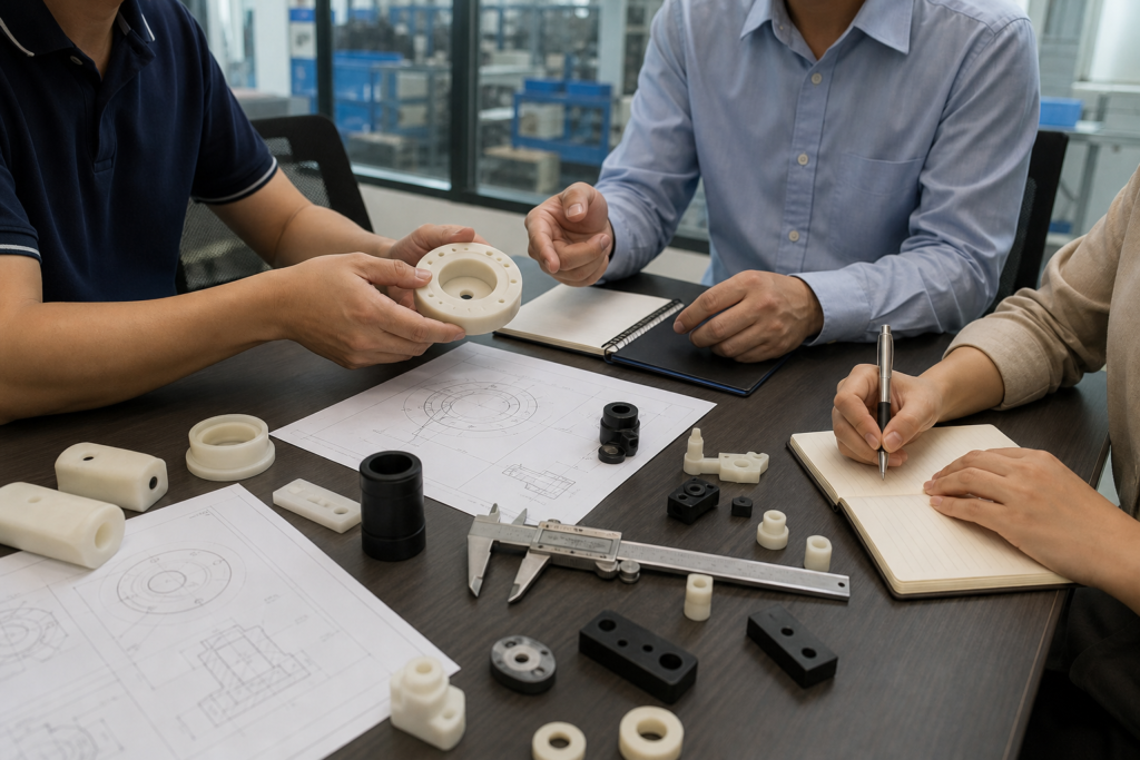 Cuộc họp với nhà sản xuất các bộ phận bằng nylon để xem xét các mẫu nylon theo yêu cầu và tài liệu đánh giá nhà cung cấp