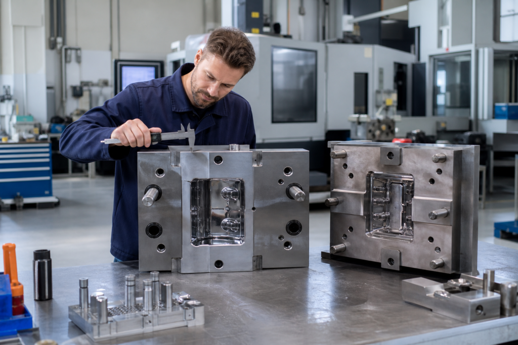 Mold fabrication workshop with cavity blocks, tooling steel and inspection setup