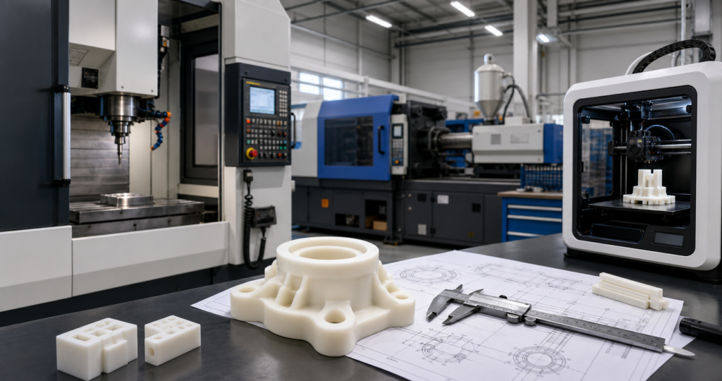 Nylon fabrication services workshop with CNC machining, injection molding and 3D printing equipment