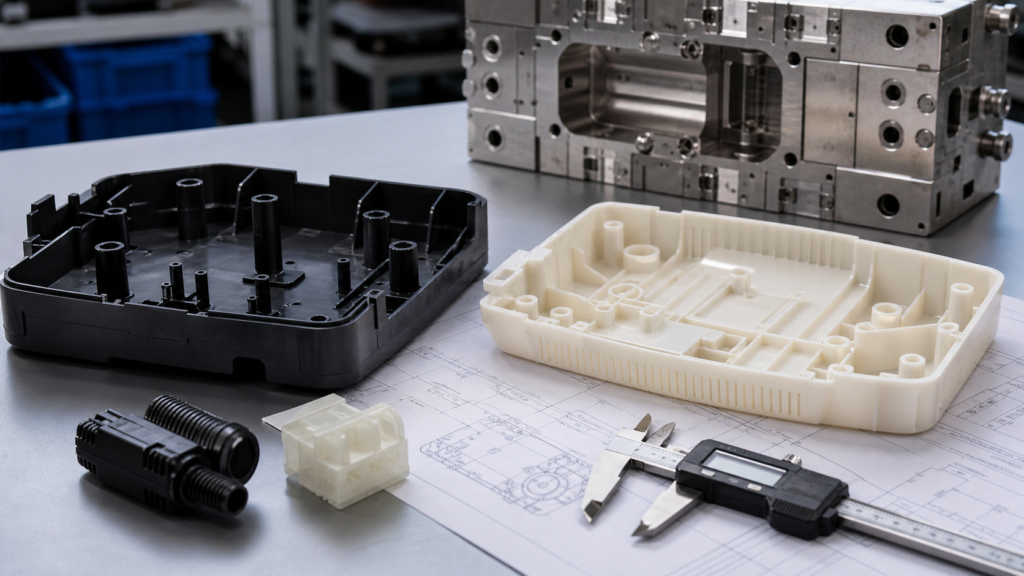 Custom molded plastic housings, injection mold insert, CAD drawings and calipers for molded part development