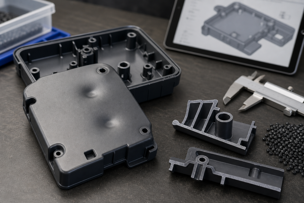 Molded plastic housing with visible sink marks above bosses and ribs beside DFM samples and calipers