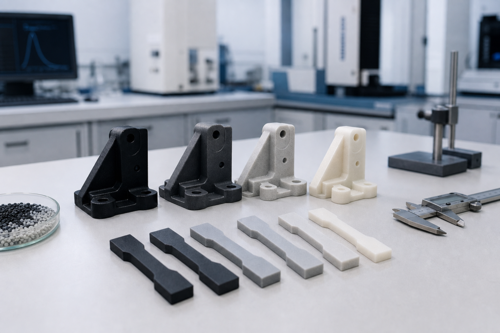 PA66 GF33 GF40 GF60 high-stiffness nylon comparison samples on a lab bench