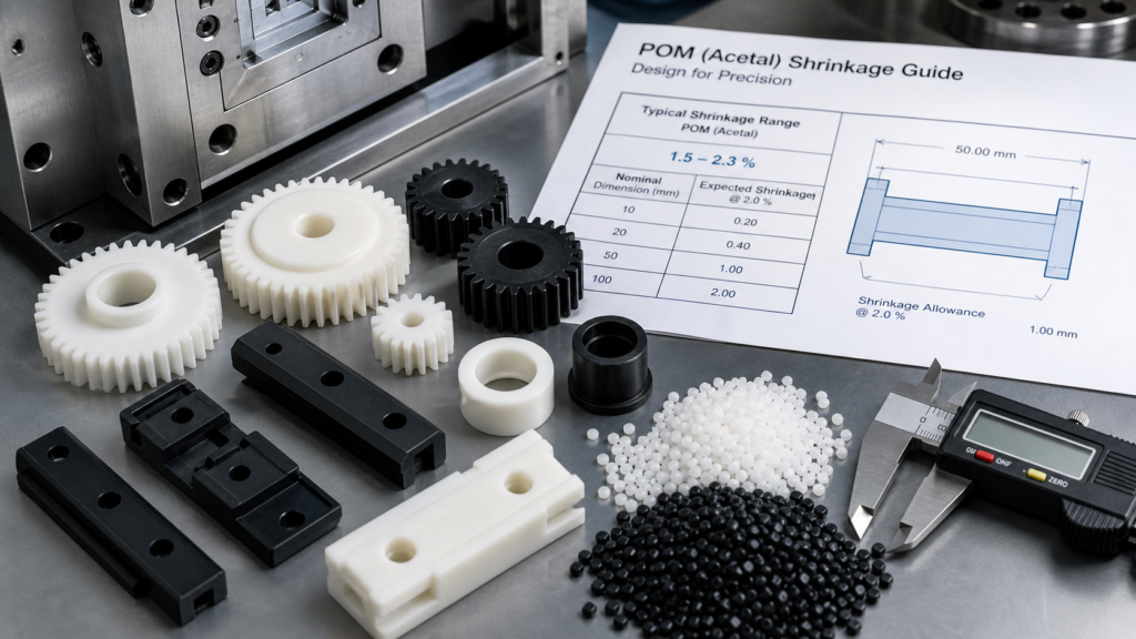 POM, acetal, bánh răng đúc phun, ống lót, khối trượt, hạt nhựa, miếng chèn khuôn, biểu đồ co ngót và thước kẹp