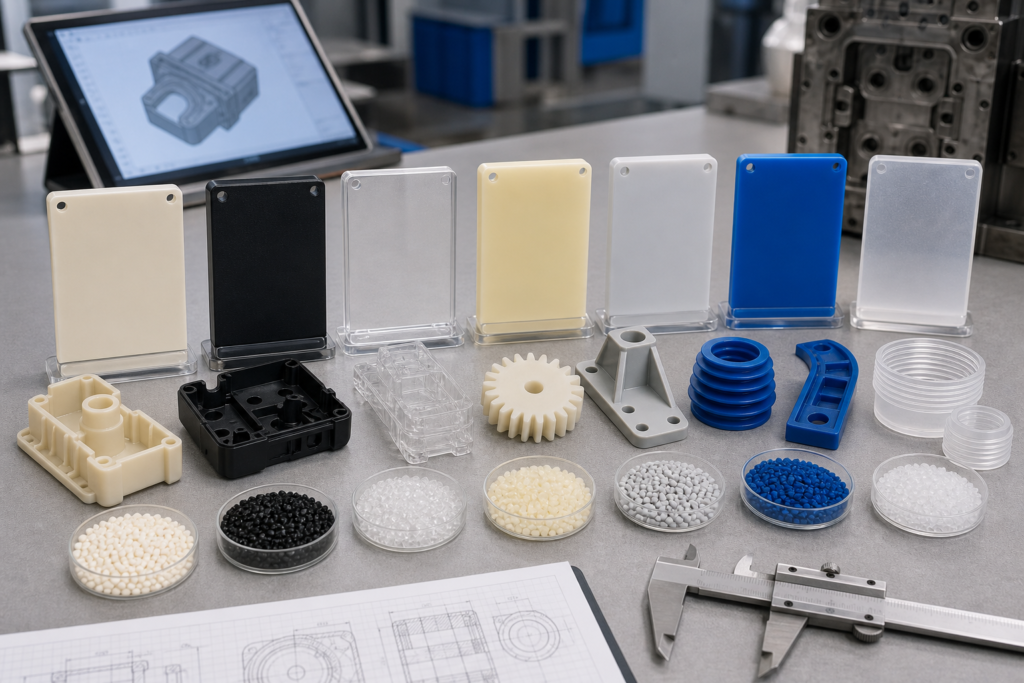 Injection molding material selection samples including ABS PC nylon PP POM TPE PMMA molded parts and resin pellets