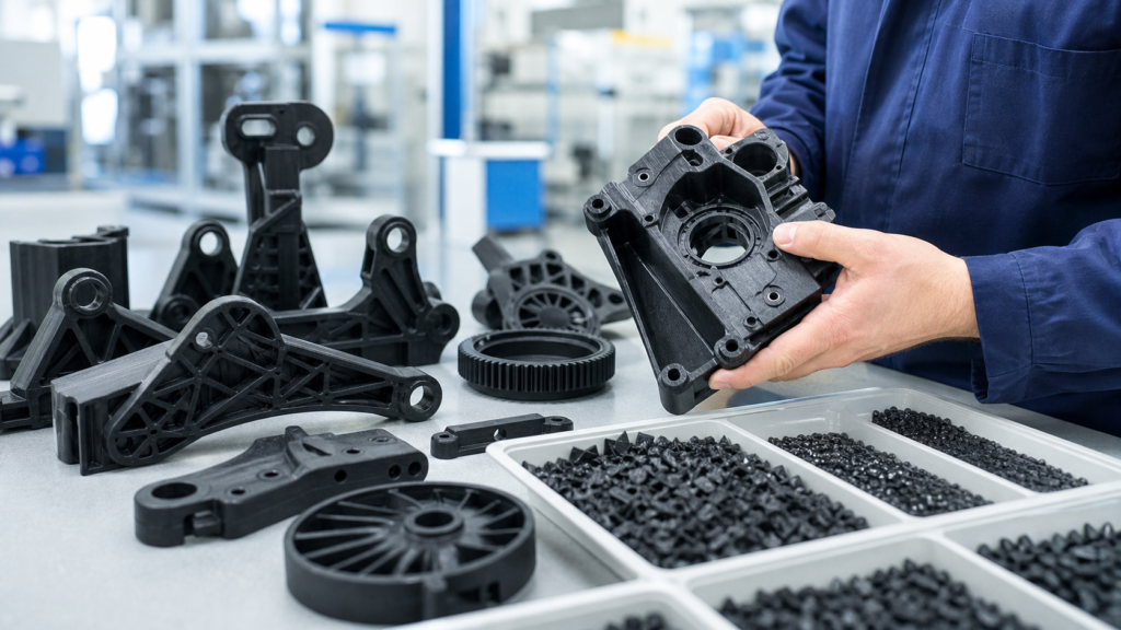 Kiểm tra các bộ phận làm từ sợi carbon và nylon trên bàn làm việc công nghiệp nhằm lựa chọn nhà cung cấp B2B