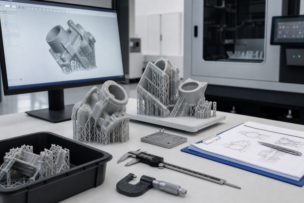 Hệ thống in 3D bằng công nghệ tổng hợp ánh sáng kỹ thuật số (DLS) cùng các chi tiết nhựa đã hoàn thiện và các công cụ đánh giá kỹ thuật