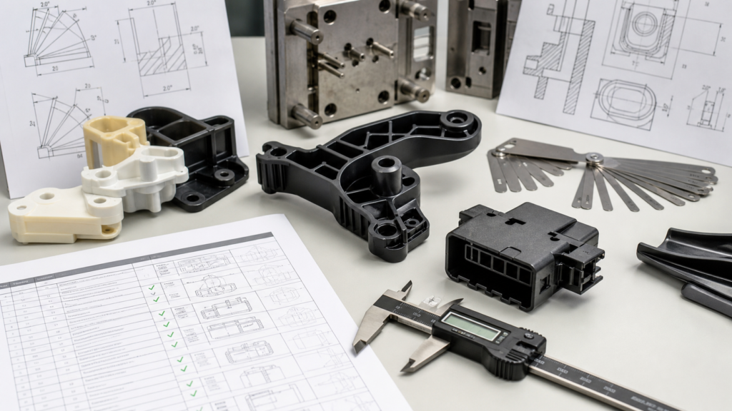Automotive plastic part DFM checklist with molded brackets, CAD drawings, calipers, ribs and bosses