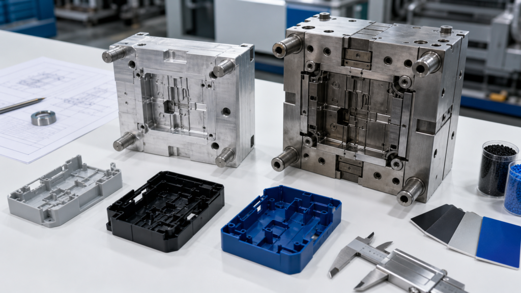 Rapid tooling and production tooling comparison with aluminum prototype mold steel production mold and molded plastic parts