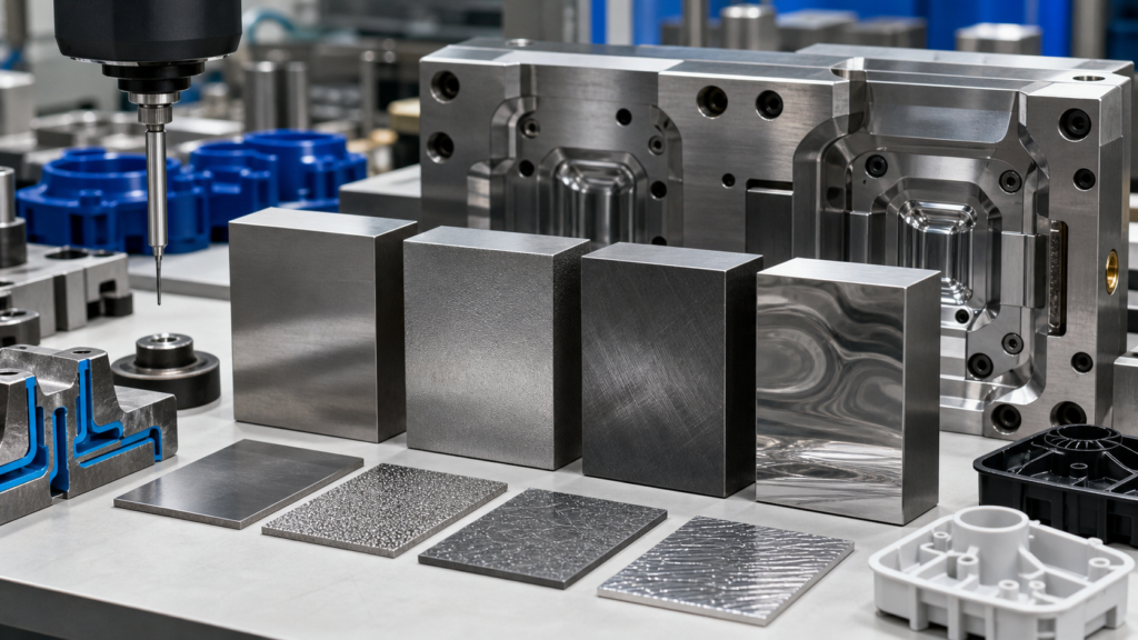 Injection mold tool steel selection with mold inserts polished steel coupons texture samples and molded parts