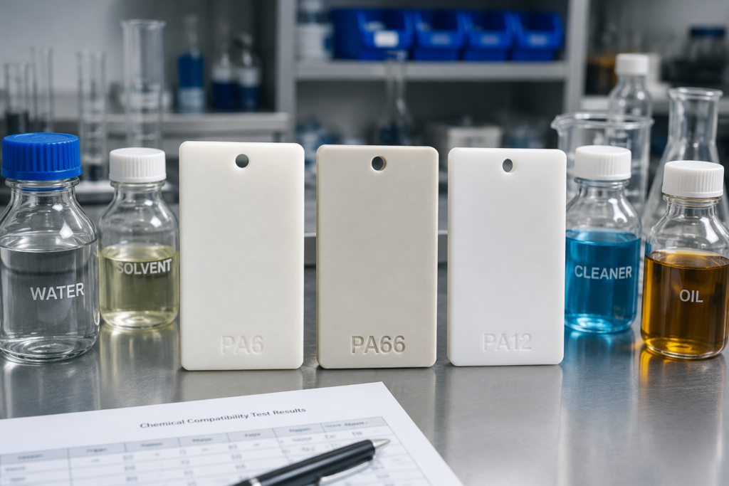PA6, PA66, and PA12 nylon test plaques beside water, solvent, cleaner, and oil bottles in a materials lab