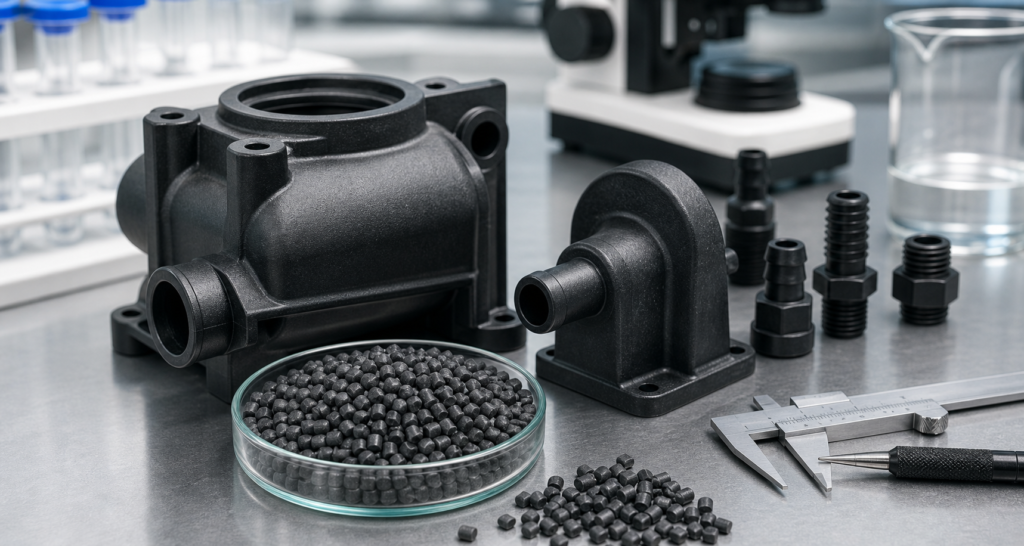 PA12 GF30 glass-filled nylon pellets and molded precision parts
