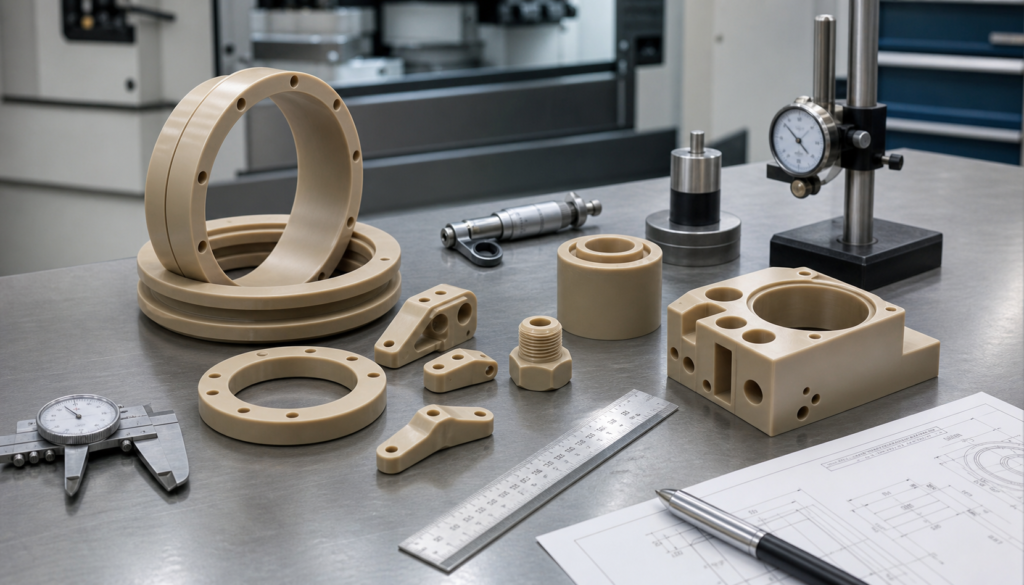 Đánh giá dịch vụ gia công CNC vật liệu PEEK với các chi tiết nhựa hiệu suất cao đã qua gia công trên bàn kiểm tra