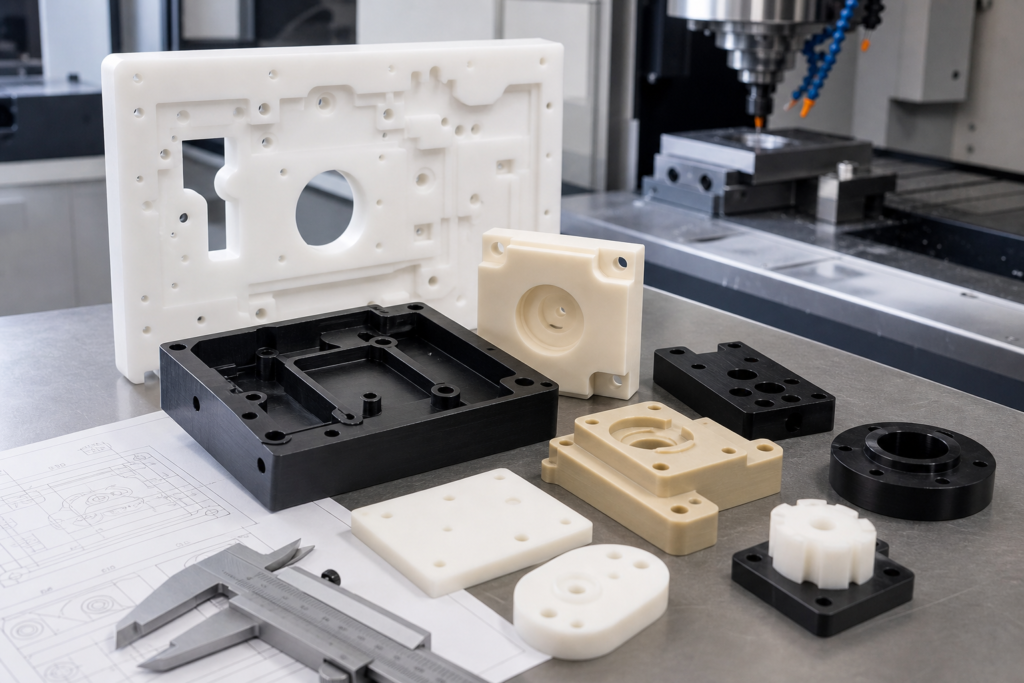 Tổng quan về dịch vụ gia công phay nhựa CNC, bao gồm các chi tiết polymer đã qua gia công phay và các công cụ đánh giá quá trình gia công