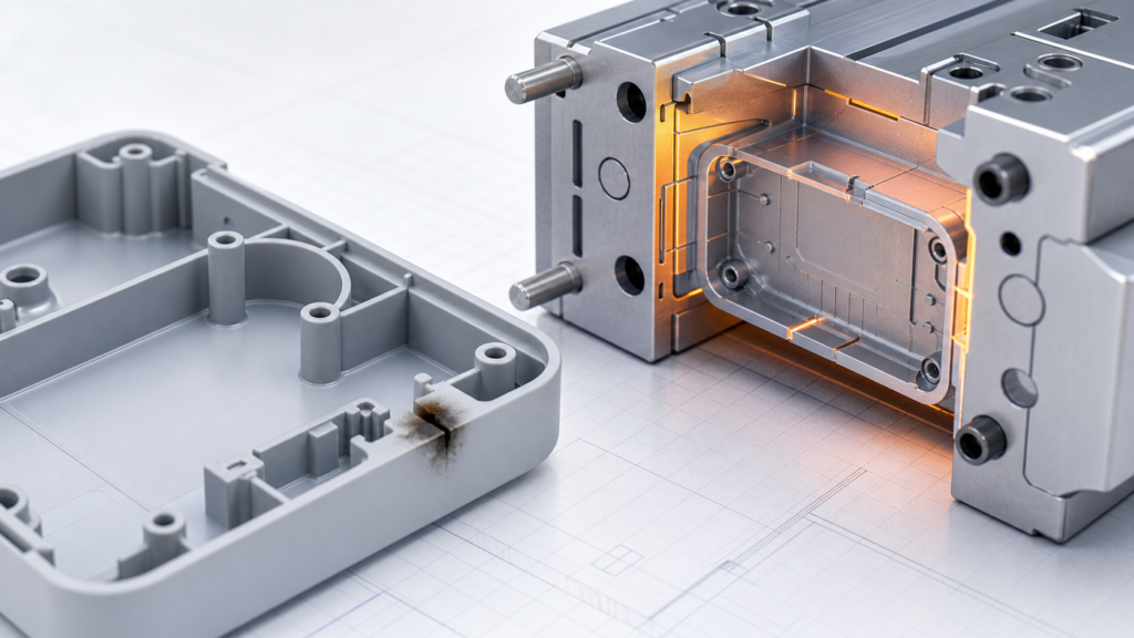 Burn marks in injection molding showing a molded housing and vented mold cavity