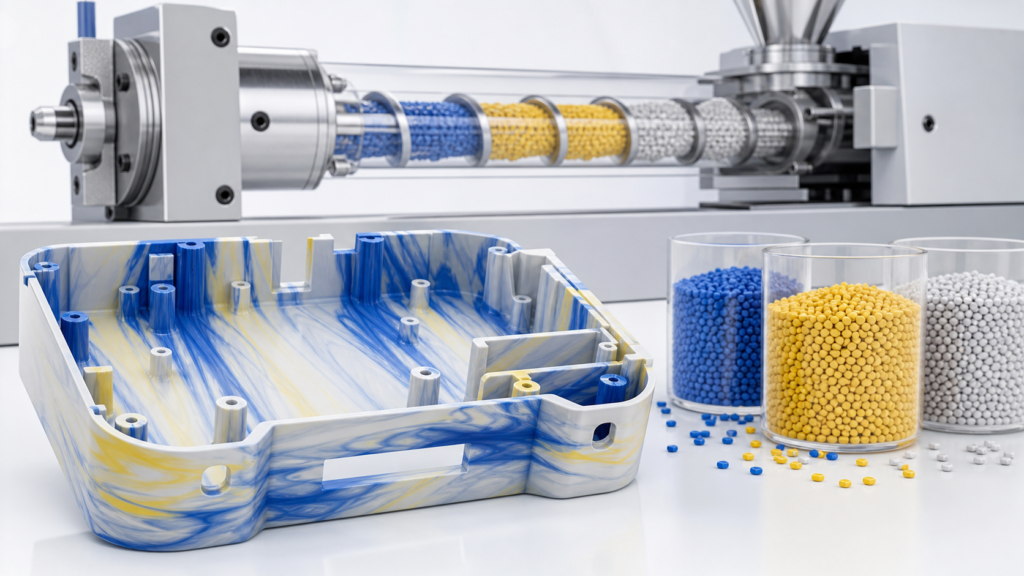 Color streaks in injection molding showing mixed polymer color and molded housing