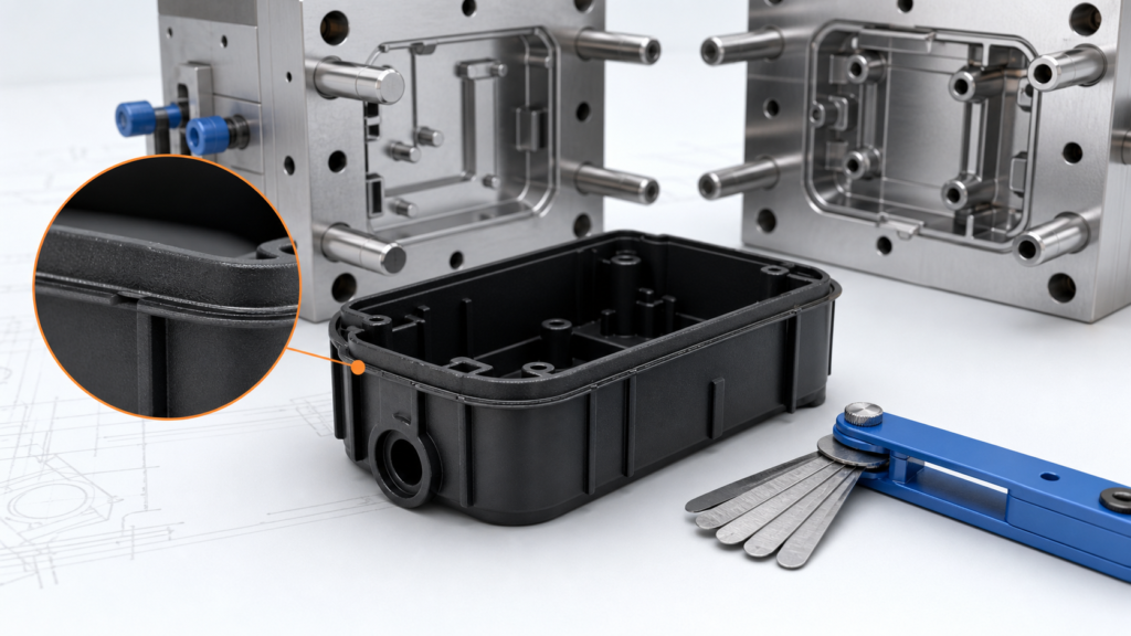 Flash in injection molding showing parting-line flash and inspection gauge
