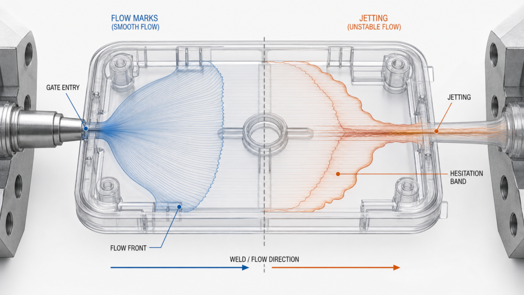 Flow marks and jetting in injection molding shown at gate entry and along the flow front