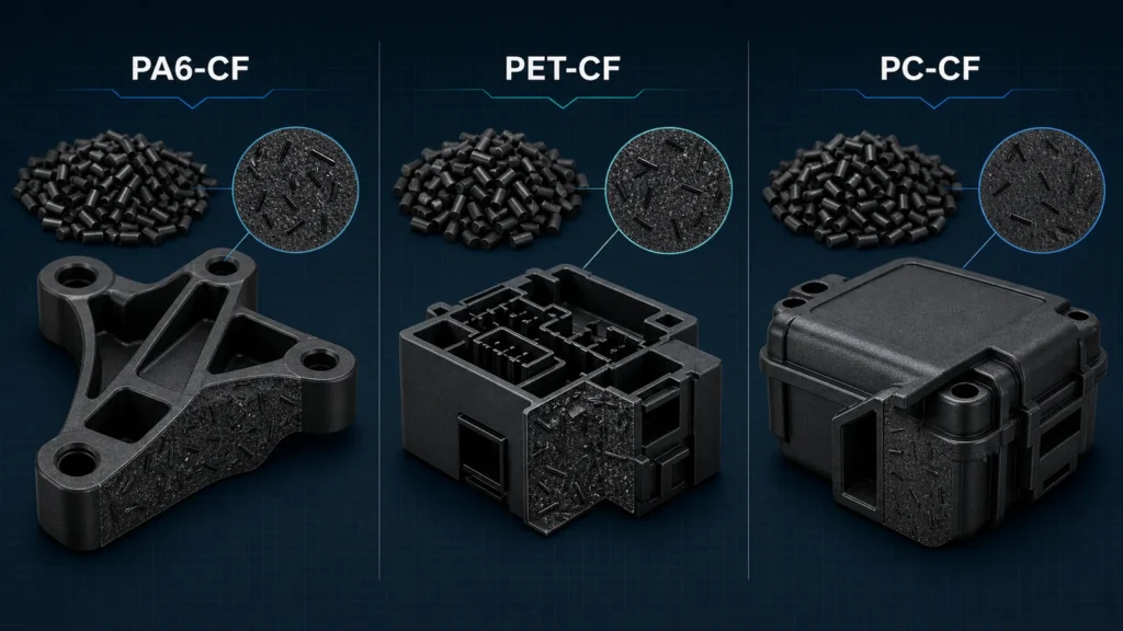 PA6-CF so với PET-CF so với PC-CF: Hướng dẫn cuối cùng để chọn sợi in 3D cứng cáp PA6-CF vs PET-CF vs PC-CF carbon fiber composite materials and molded parts
