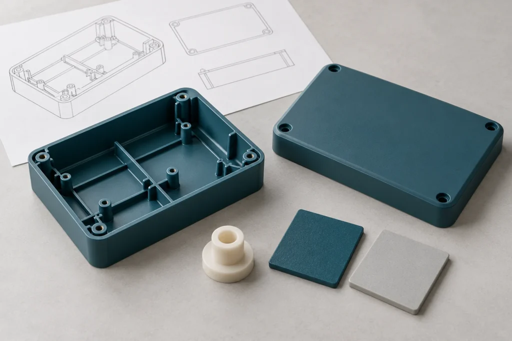 Molded plastic enclosure, matching cover, material samples and a technical line drawing